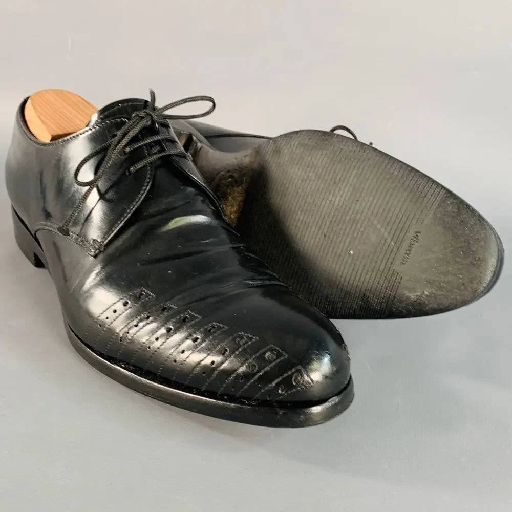 PRADA Size 7 Black Perforated Leather Derby Lace-Up Shoes